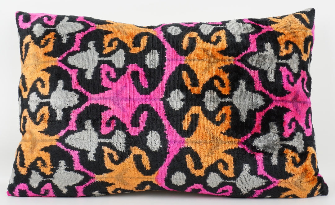 Silk/Velvet Kissenhülle 40x60cm florales Ikat-Muster pink-orange-grau