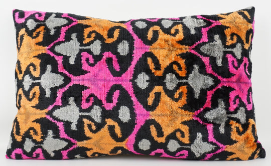 Silk/Velvet Kissenhülle 40x60cm florales Ikat-Muster pink-orange-grau