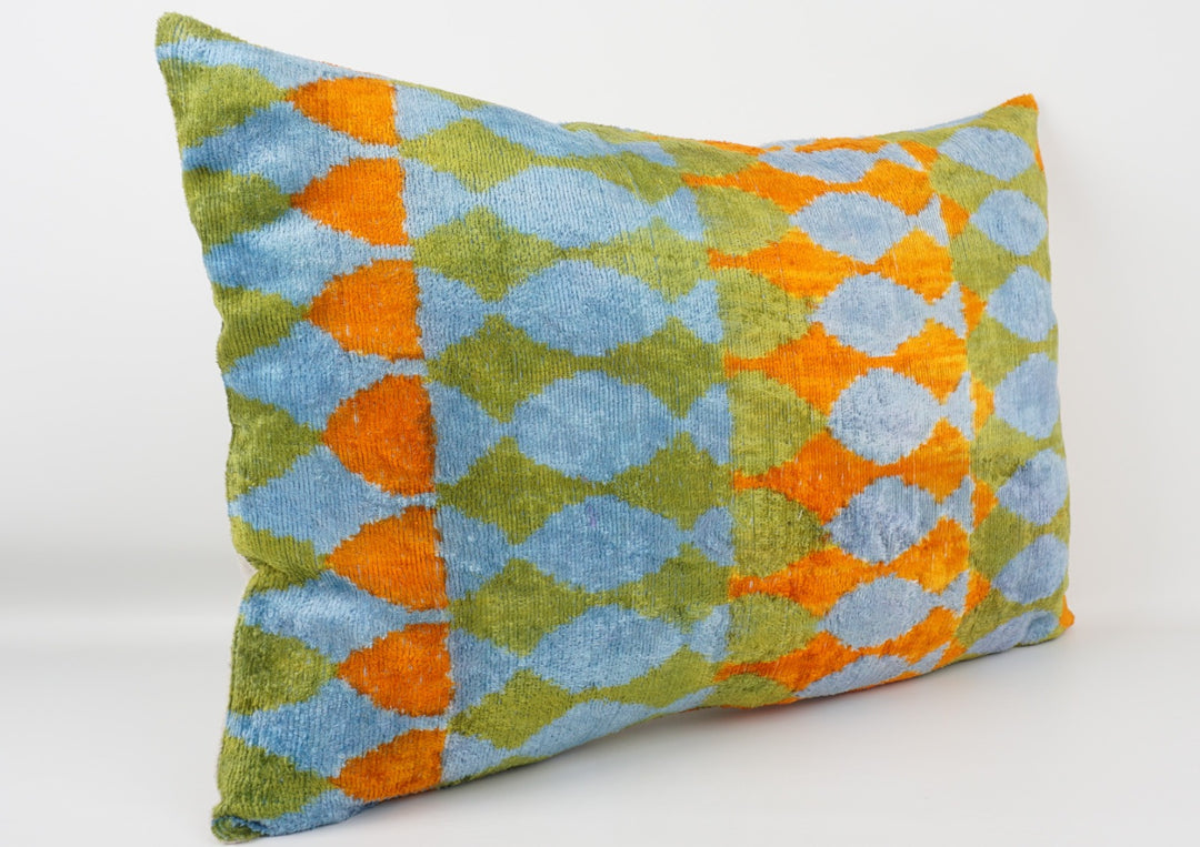 Silk/Velvet Kissenhülle 40x60cm geometrik Retro-Muster aqua-grün-orange