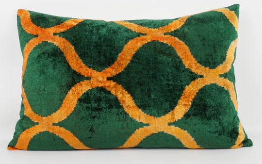Silk/Velvet Kissenhülle 40x60cm mit ovalen und rauten-artigen Bögen dunkelgrün-goldgelb