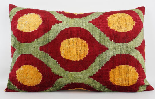 Silk/Velvet Kissenhülle 40×60 cm – Ikatmuster gelb-grün-rot