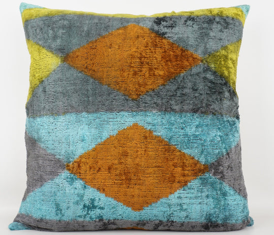 Silk/Velvet Kissenhülle 50×50 cm Raute in hellbraun-aqua, lime-grün und grau