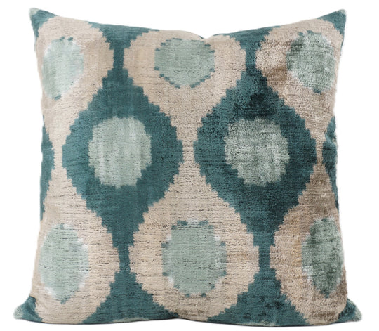 Silk/Velvet Kissenhülle 50x50cm Ikat-Ovale Hellgrau-Petrol-Aqua