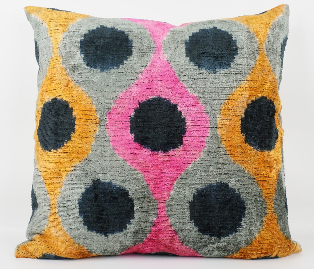 Silk/Velvet Kissenhülle 50x50cm Ikat-Ovale grau,pink,orange,blau