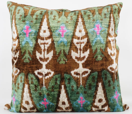 Silk/Velvet Kissenhülle 60×60cm – Ikat Mint Braun Pink