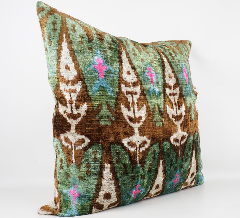 Silk/Velvet Kissenhülle 60×60cm – Ikat Mint Braun Pink