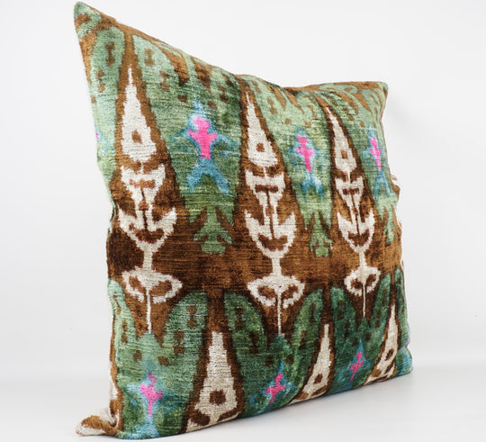 Silk/Velvet Kissenhülle 60×60cm – Ikat Mint Braun Pink