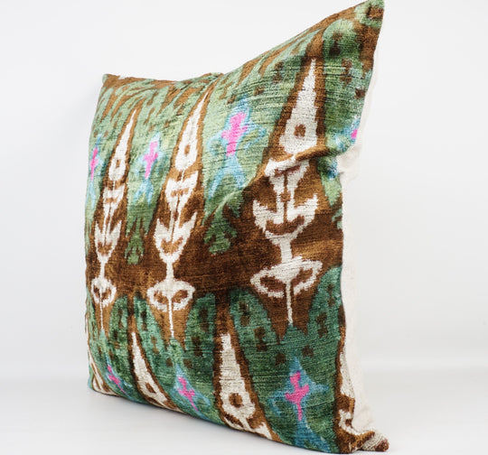 Silk/Velvet Kissenhülle 60×60cm – Ikat Mint Braun Pink