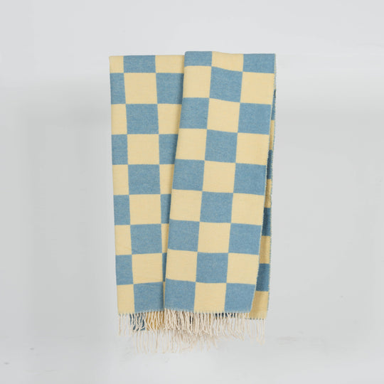Wolldecke 150x195cm Karo Sky-blue &amp; butter-gelb