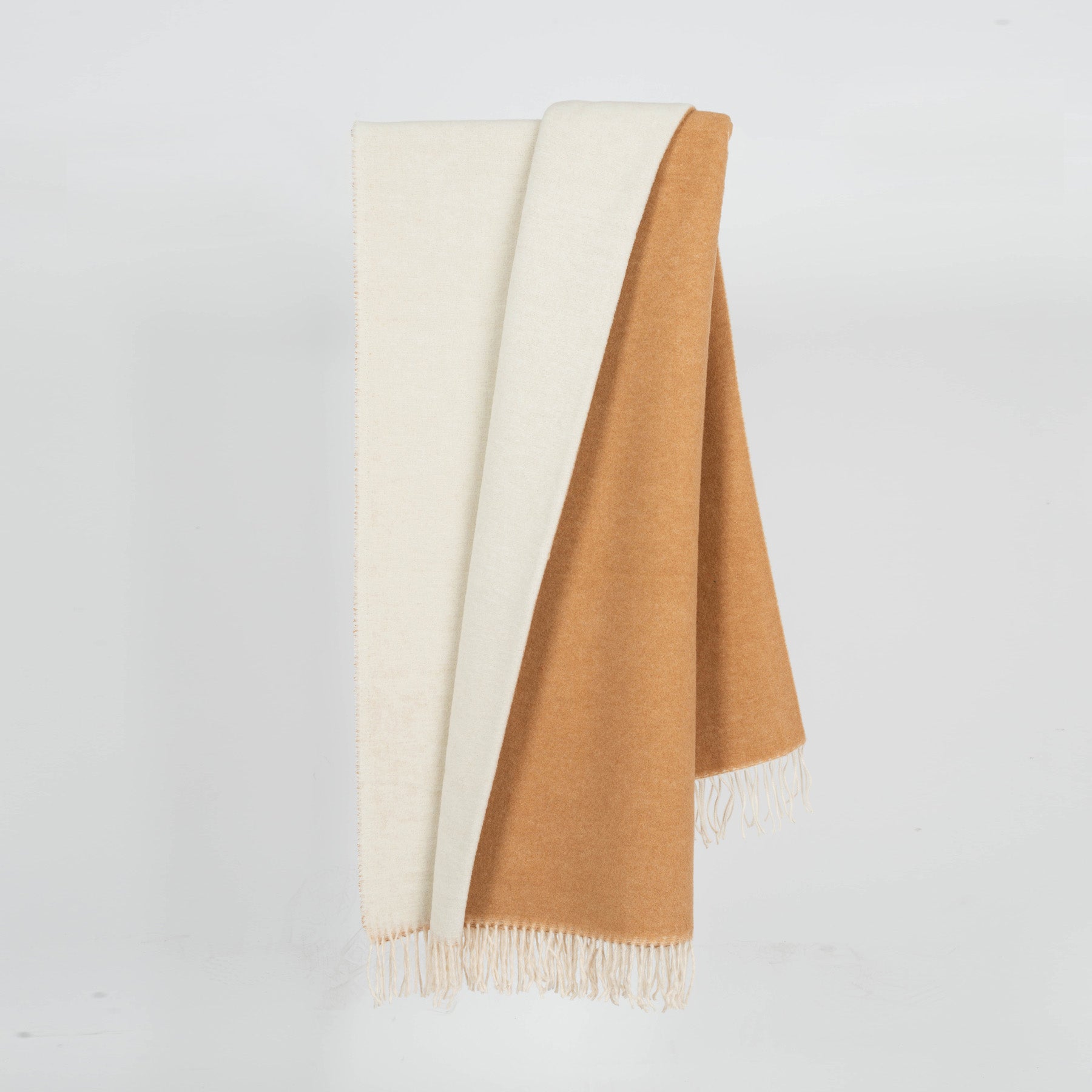 Wolldecke 150x195cm Halb/Halb-Streifen in Camelbraun-Offwhite