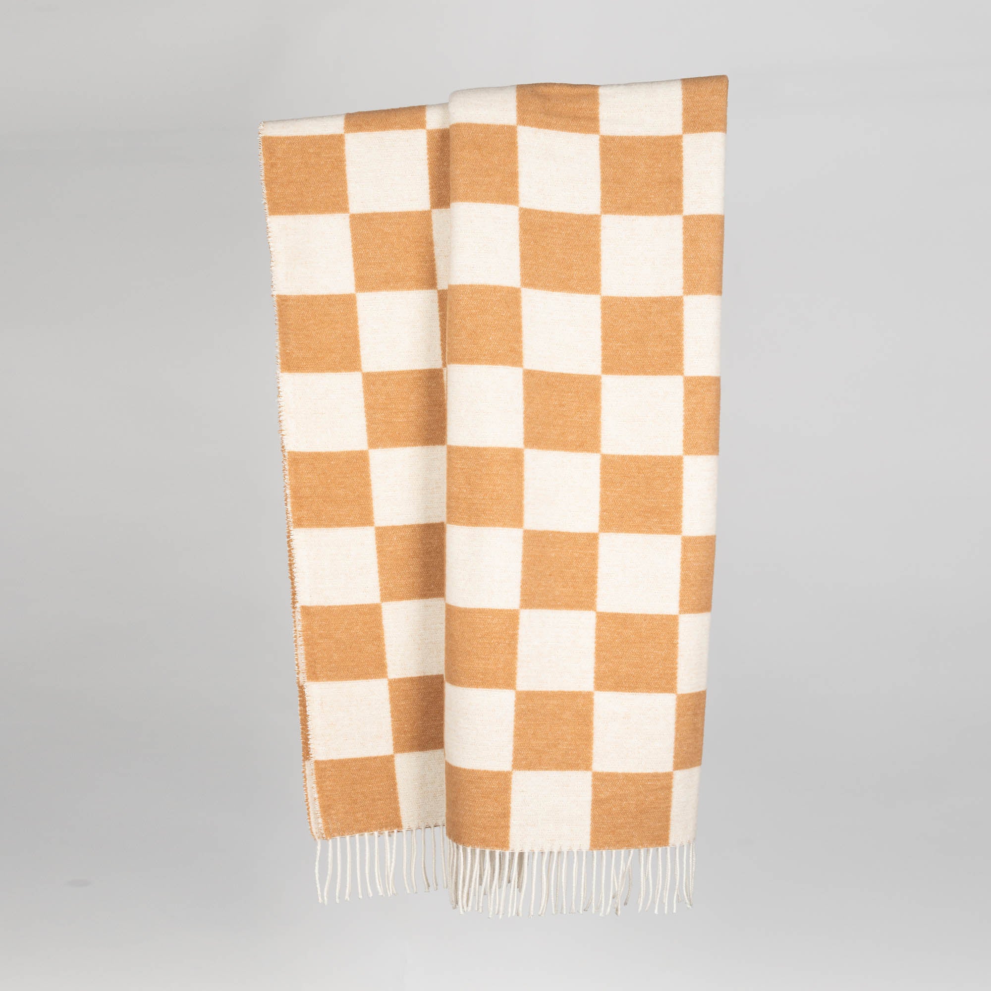 Wolldecke 150x195cm mit Karomuster in Cammello-Braun-Offwhite