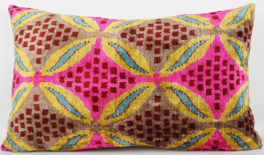 Seidenkissen 40x60cm mit Blüten-Rosette in Taupe-Fuchsia-Gelb-Türkis
