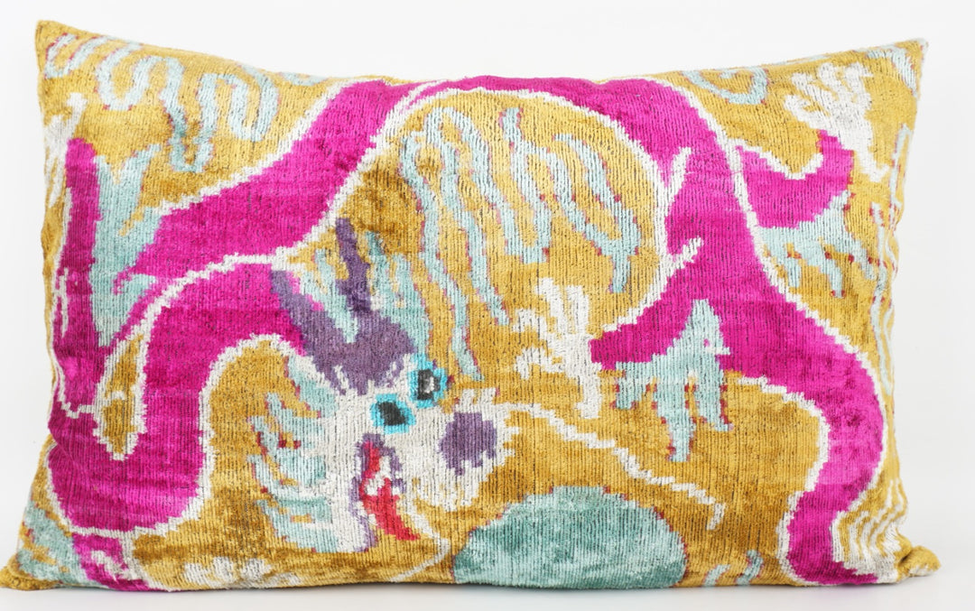 Seidenkissen 40x60 cm mit Dragon-Muster in Gold-Pink-Aqua