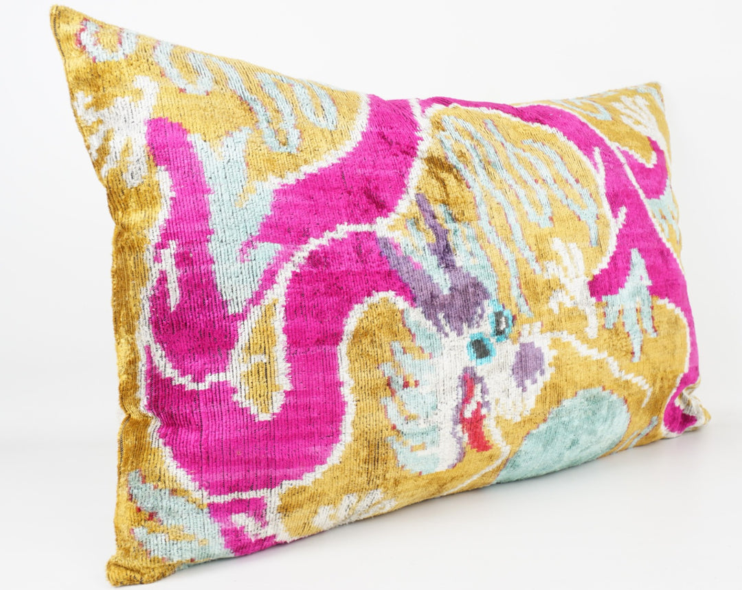 Seidenkissen 40x60 cm mit Dragon-Muster in Gold-Pink-Aqua