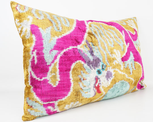 Seidenkissen 40x60 cm mit Dragon-Muster in Gold-Pink-Aqua
