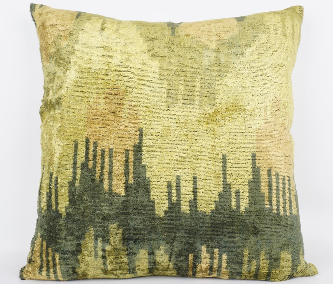 Seidenkissen 50x50cm mit Grafik-Waves-Muster in Salbeigrün, Goldgrün und Petrol