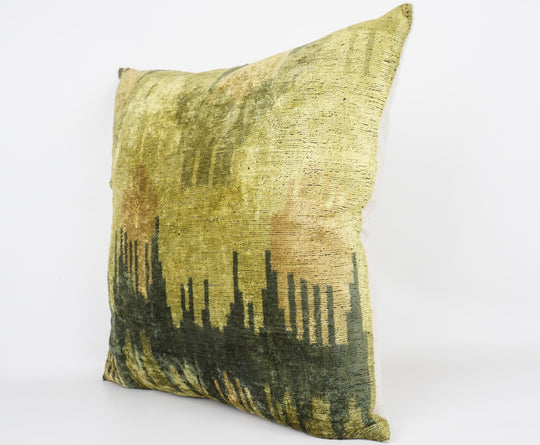 Seidenkissen 50x50cm mit Grafik-Waves-Muster in Salbeigrün, Goldgrün und Petrol
